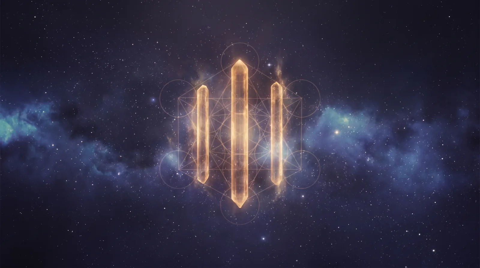 Three luminous golden pillars of light in cosmic indigo space — 111 angel number