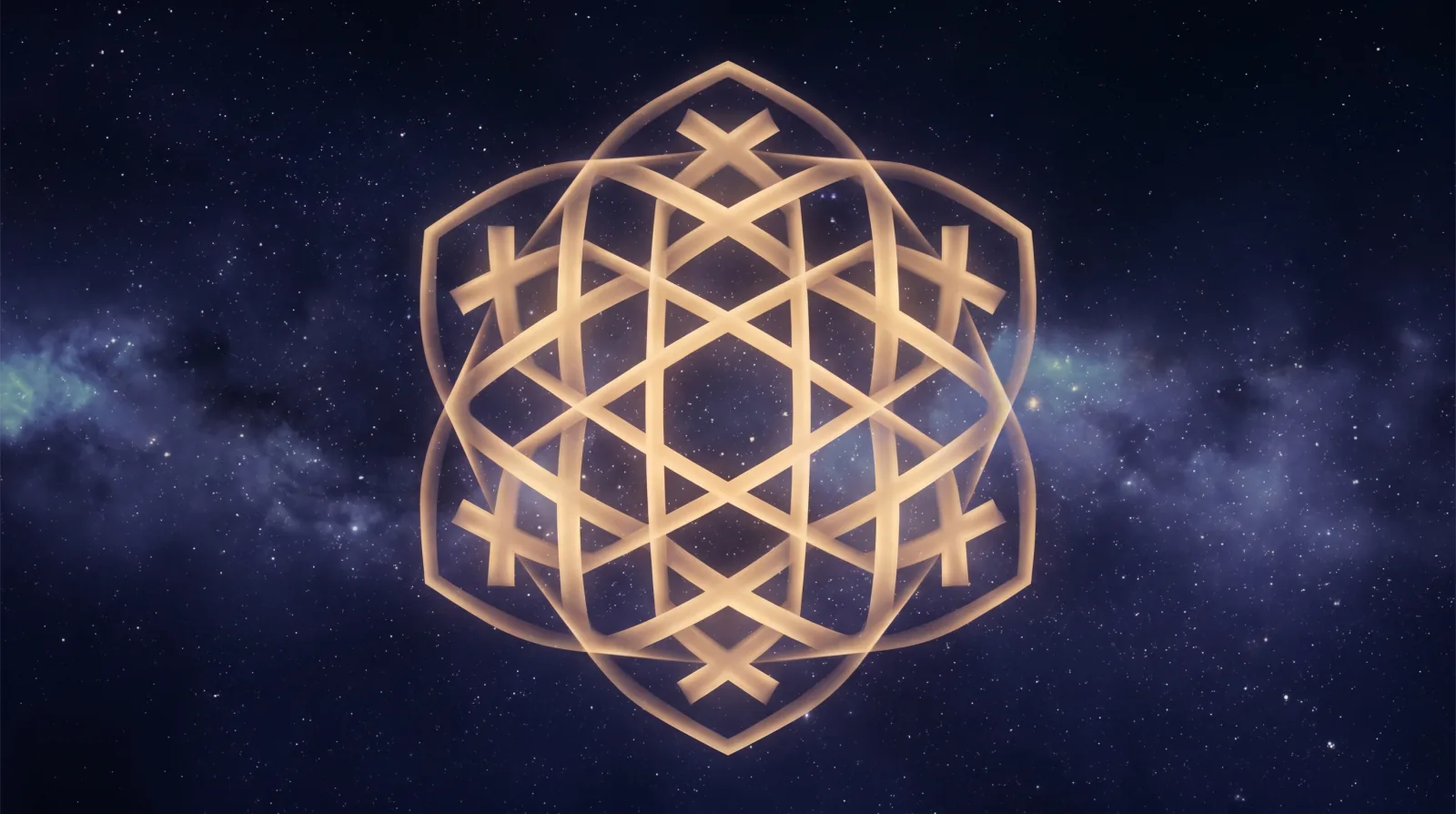 Golden hexagonal pattern in cosmic indigo space — 444 angel number protection symbol