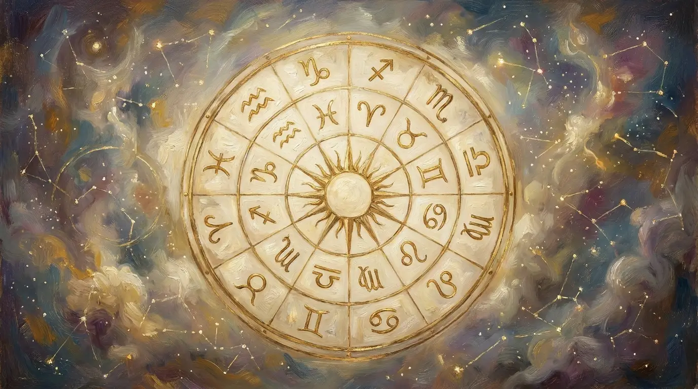 A beautifully rendered astrological natal chart wheel with twelve houses in gold linework on indigo and lilac watercolour
