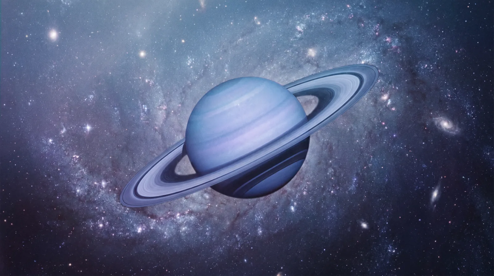 Saturn transit 2026 — Saturn with its iconic rings in deep cosmic blue space
